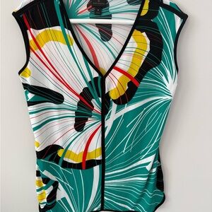 Worthington Teal Floral-Print V-Neck Sleeveless Top